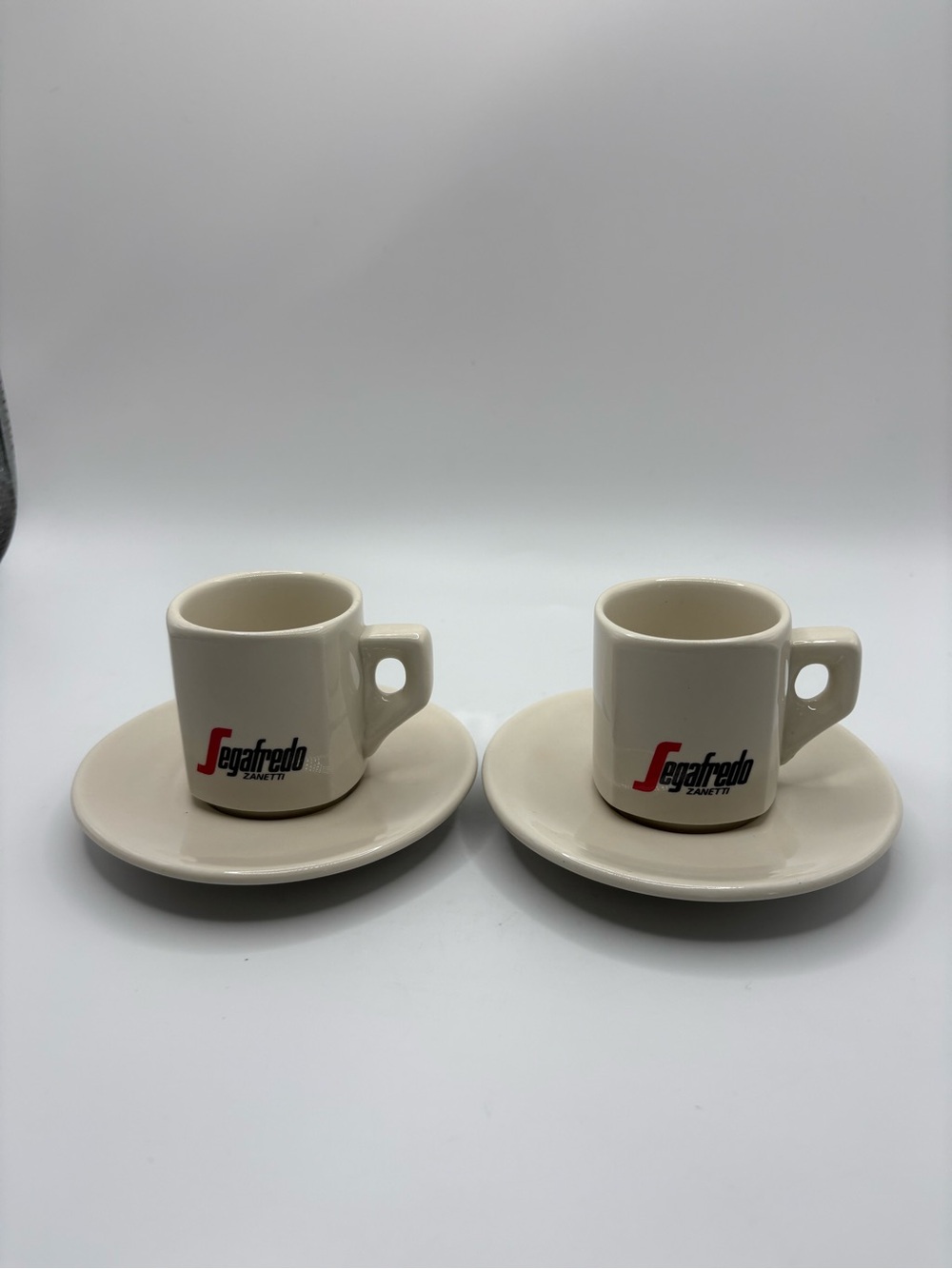 Segafredo Zanetti Espresso Set Of 2 Cups & Saucers ACF Italy Ivory Demitasse 3oz